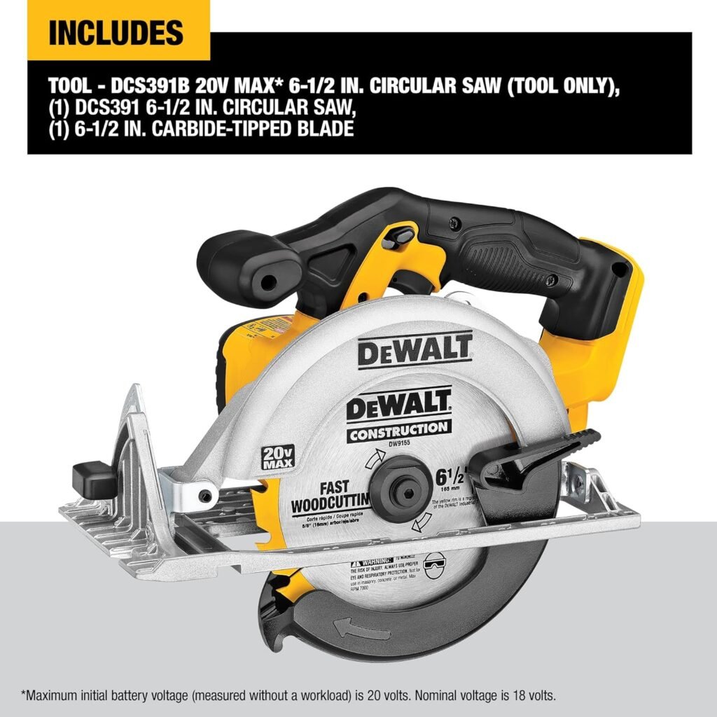 DEWALT 20V MAX Circular Saw, 6-1/2-Inch Blade, 460 MWO Engine, 0-50 Degree Bevel Capability, Bare Tool Only (DCS391B)