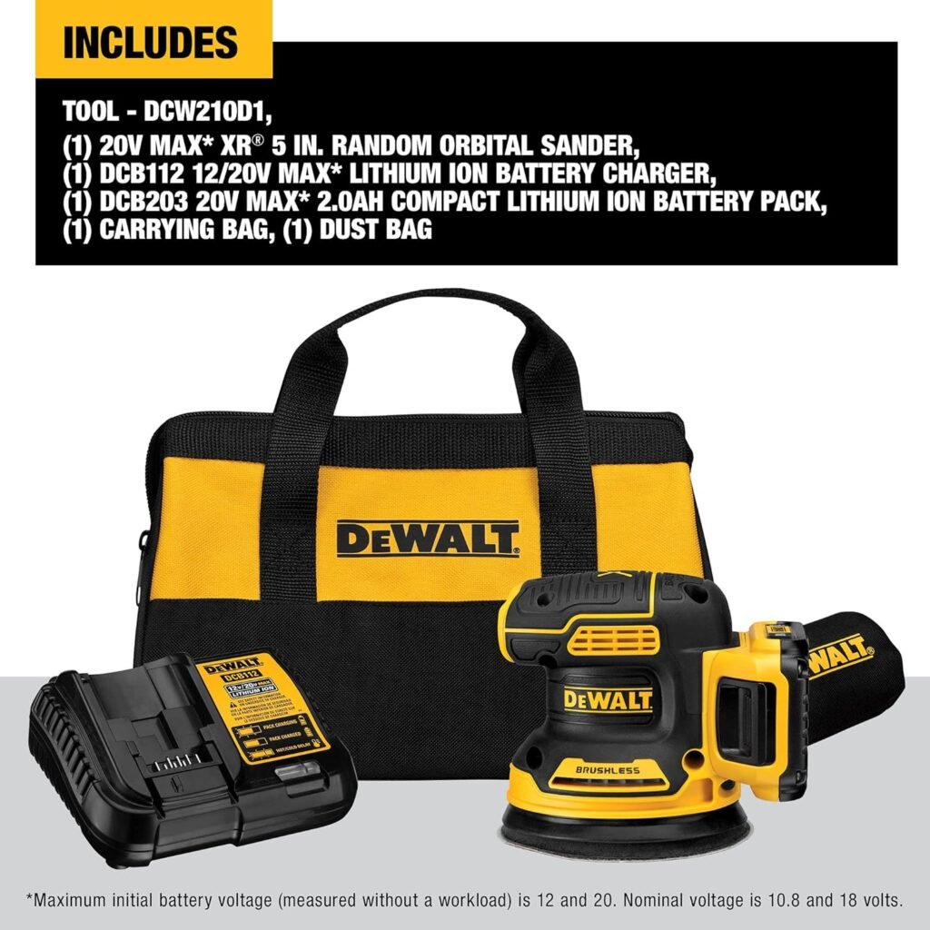 DEWALT 20V MAX Random Orbit Sander Kit, Cordless, 5-Inch, 2.Ah, 8,000-10,000 OPM, Storage Bag, Battery, and Charger Included (DCW210D1)