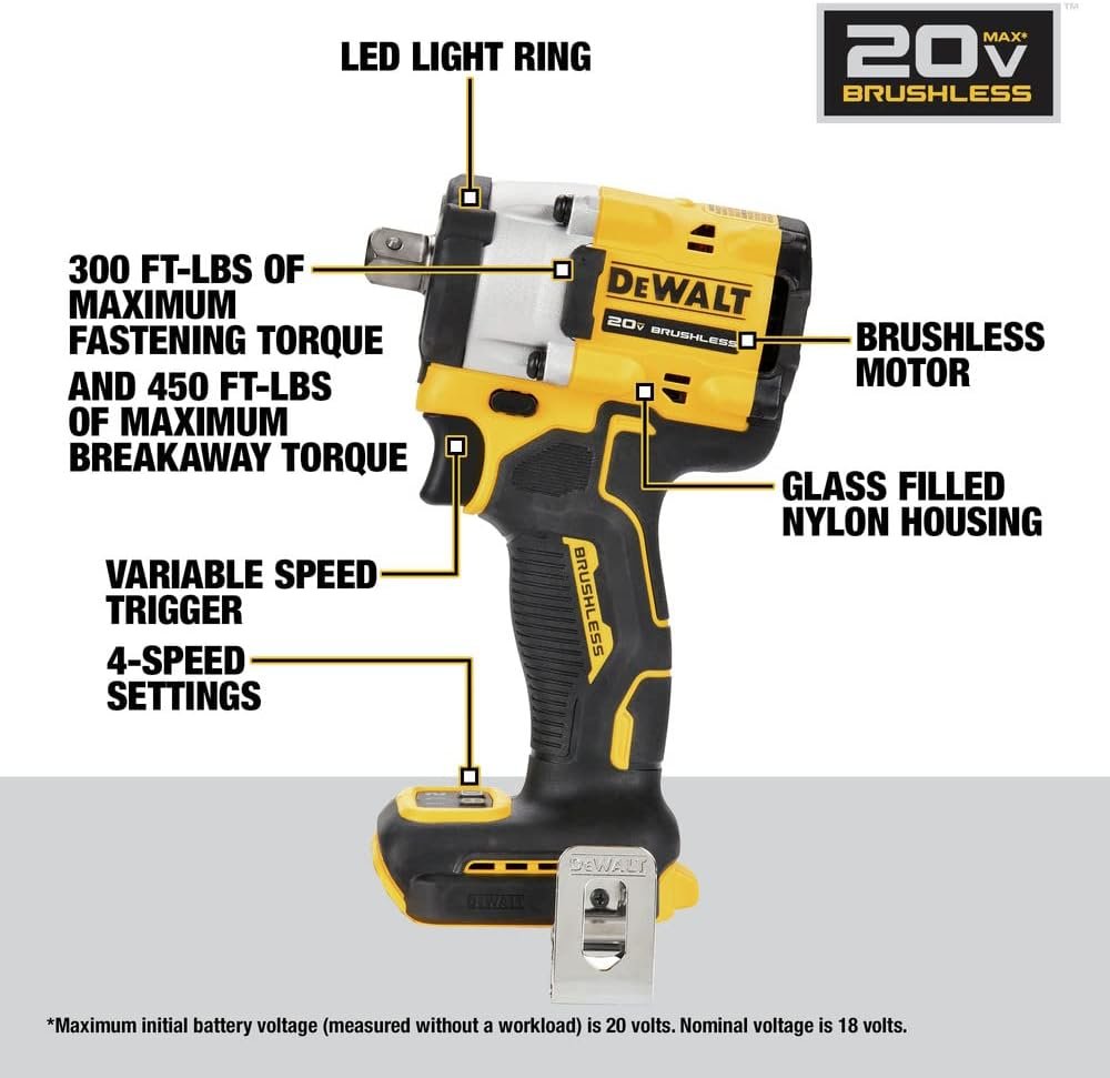 DEWALT ATOMIC 20V MAX* 1/2 in. Cordless Impact Wrench with Detent Pin Anvil (Tool Only) (DCF922B)