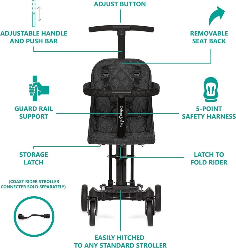 Dream On Me Lightweight and Compact Coast Rider Stroller with One Hand Easy Fold, Adjustable Handles and Soft Ride Wheels, Black