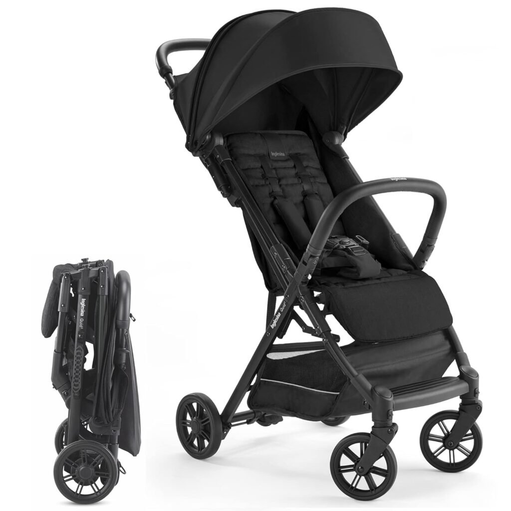 Inglesina Quid Baby Stroller - Lightweight at 13 lbs, Travel-Friendly, Ultra-Compact  Folding - Fits in Airplane Cabin  Overhead - for Toddlers from 3 Months to 50 lbs - Large Canopy, Onyx Black