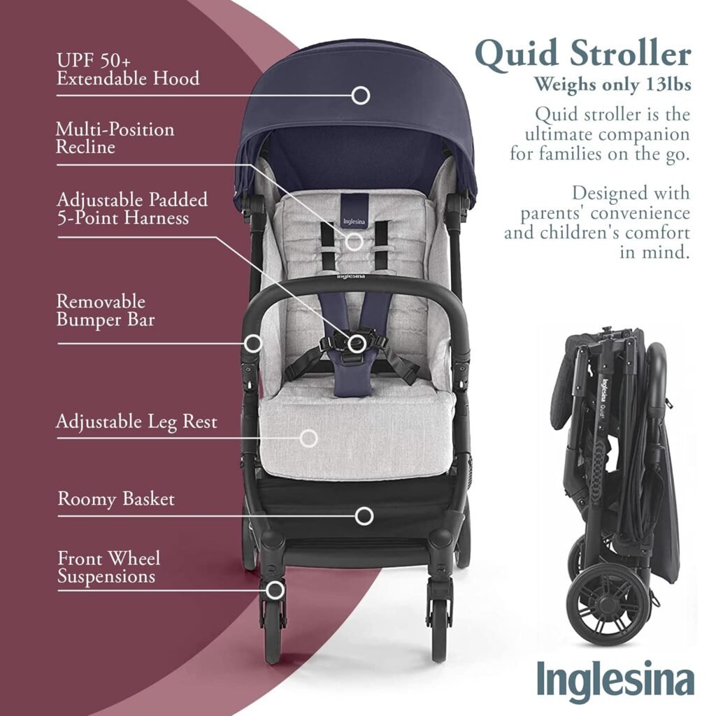 Inglesina Quid Baby Stroller - Lightweight at 13 lbs, Travel-Friendly, Ultra-Compact  Folding - Fits in Airplane Cabin  Overhead - for Toddlers from 3 Months to 50 lbs - Large Canopy, College Navy