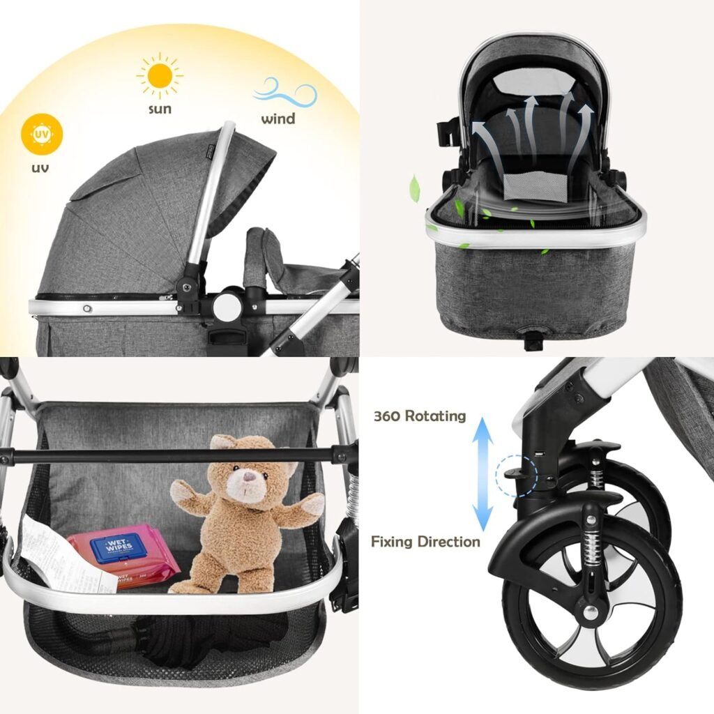 Kinder King 3 in 1 Reversible Baby Stroller w/Detachable Tray, Convert to Newborn Bassinet Pram, Folding Infant Carriage for Toddler, Adjustable Canopy  Handle, Aluminum Alloy, Suspension Wheels