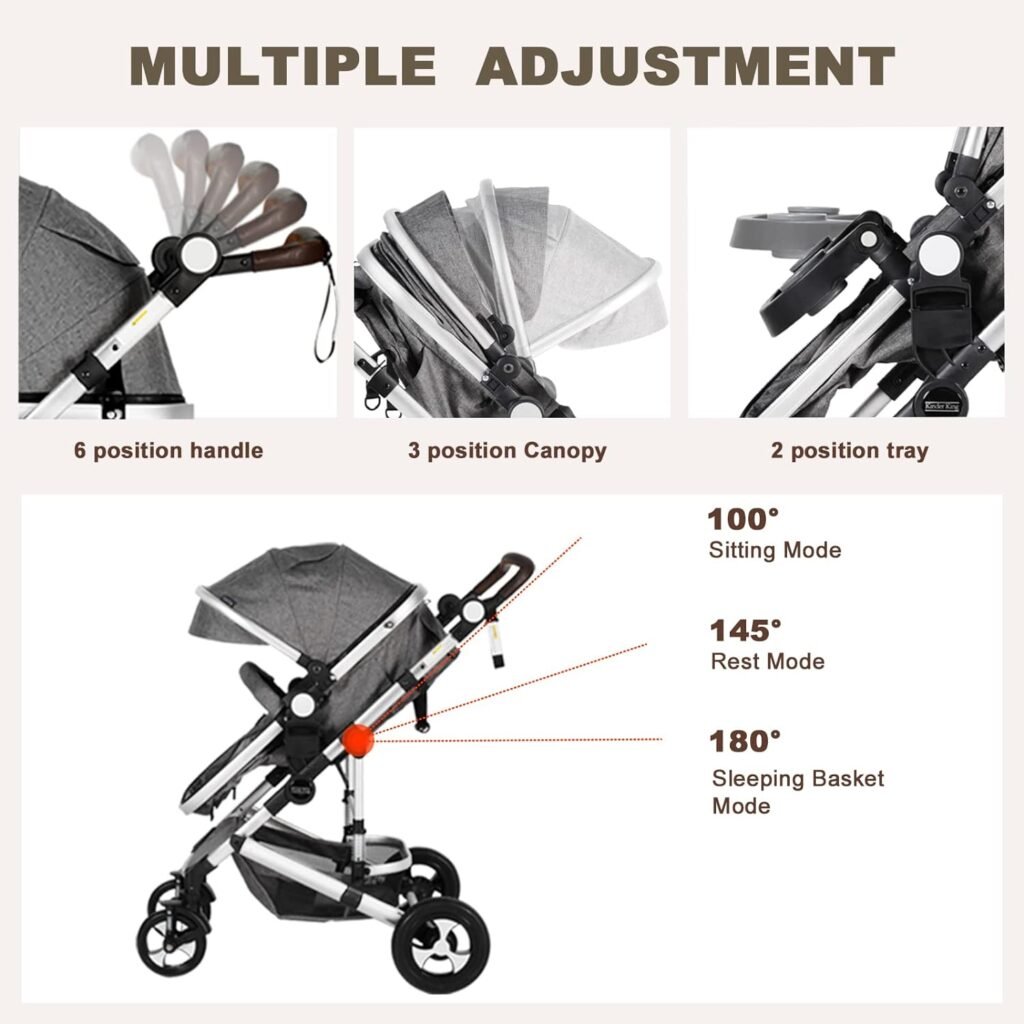 Kinder King 3 in 1 Reversible Baby Stroller w/Detachable Tray, Convert to Newborn Bassinet Pram, Folding Infant Carriage for Toddler, Adjustable Canopy  Handle, Aluminum Alloy, Suspension Wheels