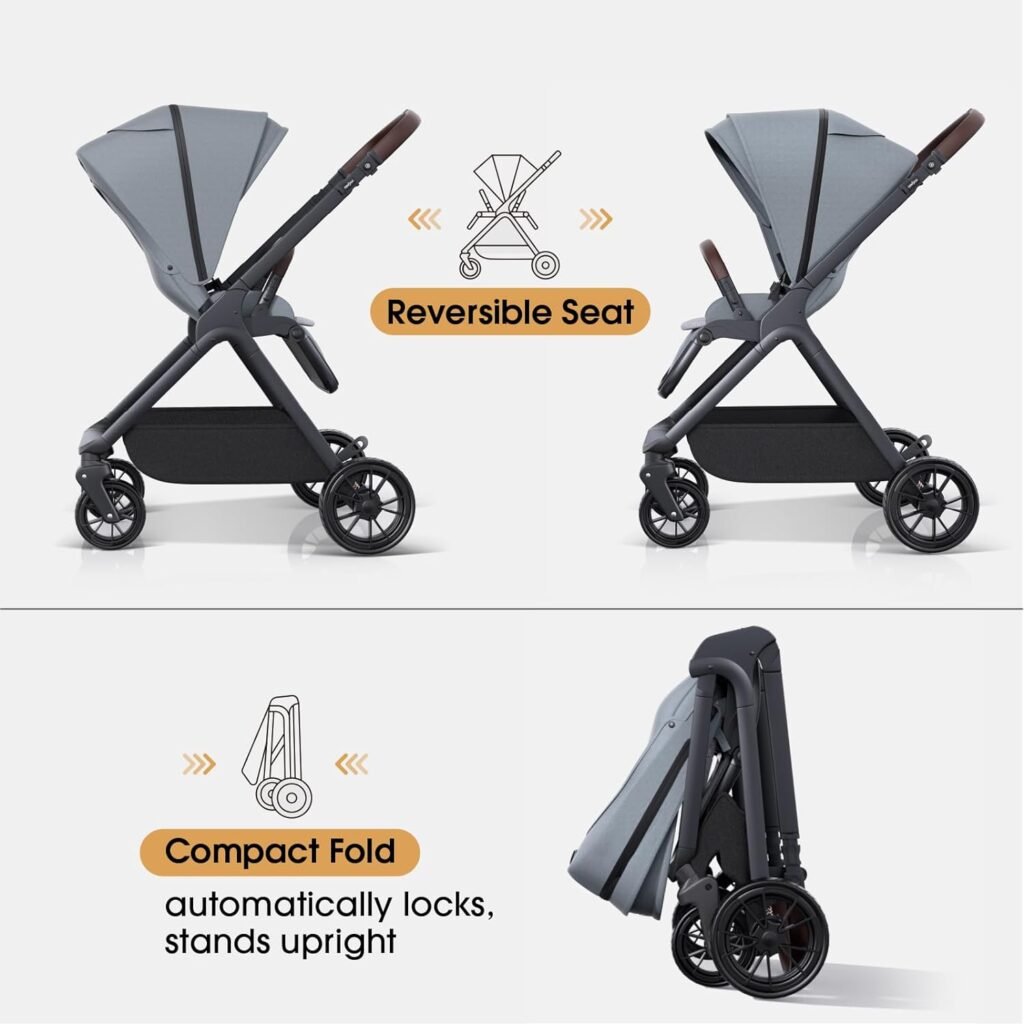 newyoo Baby Stroller, Baby Reversible Stroller, Standard Stroller, Parent or Forward Facing, One-Hand Recline, Compact Fold, Extendable Canopy, Cushion, Mosquito Net, Wrist Strap(Include) Black