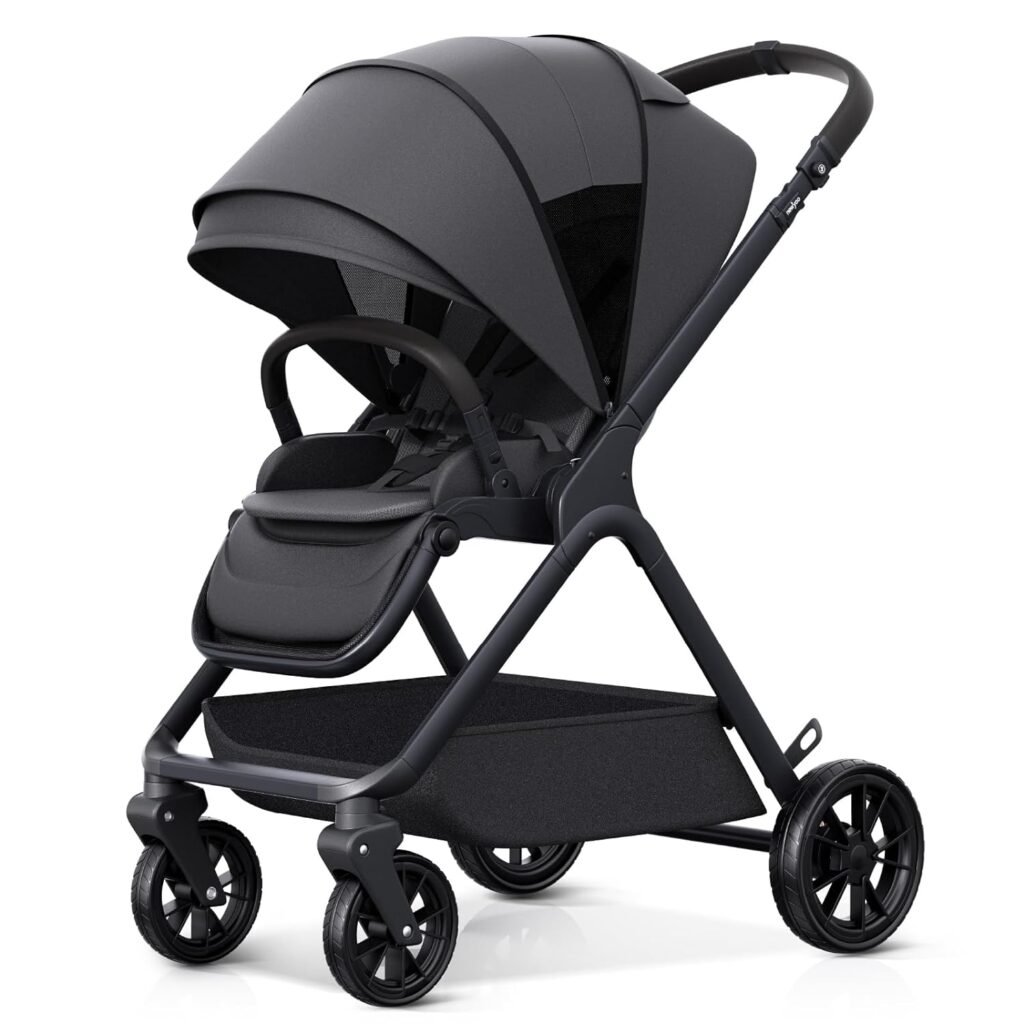 newyoo Baby Stroller, Baby Reversible Stroller, Standard Stroller, Parent or Forward Facing, One-Hand Recline, Compact Fold, Extendable Canopy, Cushion, Mosquito Net, Wrist Strap(Include) Black