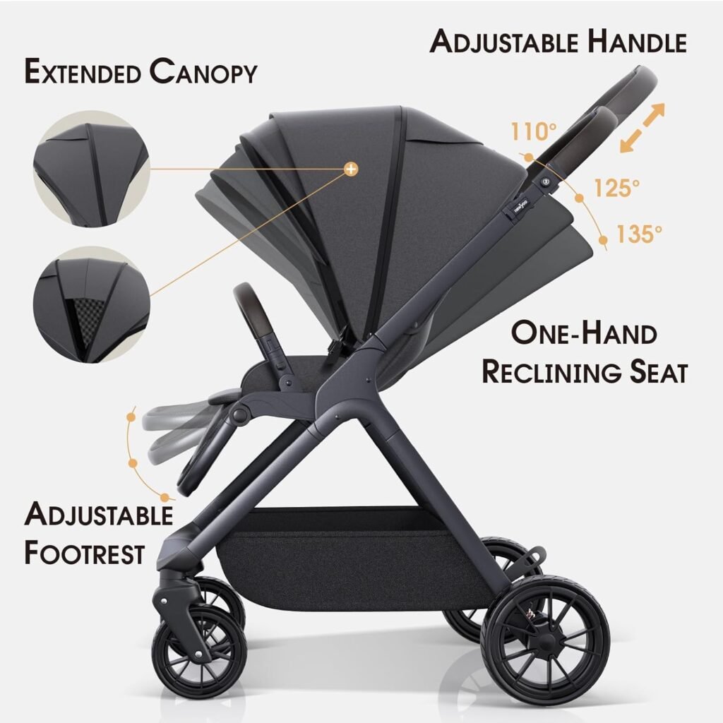 newyoo Baby Stroller, Baby Reversible Stroller, Standard Stroller, Parent or Forward Facing, One-Hand Recline, Compact Fold, Extendable Canopy, Cushion, Mosquito Net, Wrist Strap(Include) Black