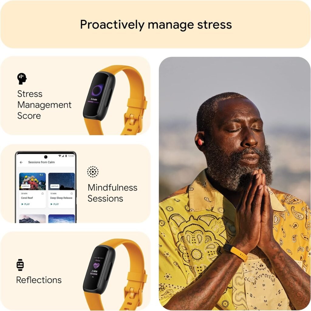 Fitbit Inspire 3 Health  Fitness Tracker with Stress Management, Workout Intensity, Sleep Tracking, 24/7 Heart Rate and more, Morning Glow/Black, One Size (S  L Bands Included)