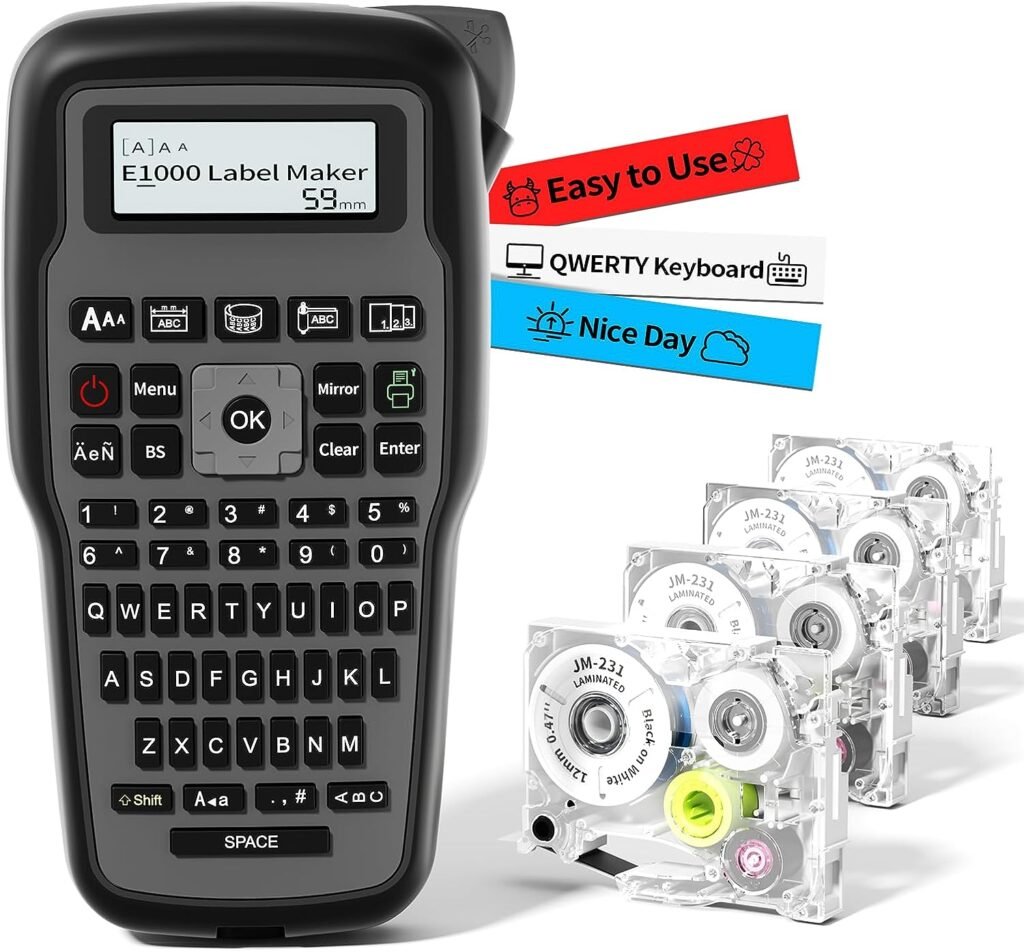 Handheld Label Maker Machine with Keyboard - E1000 Pro Portable Label Maker, Label Makers with QWERTY Keyboard, Label Printer with Type-C Cable, Easy Labeler for Industrial, Home, Office Organization