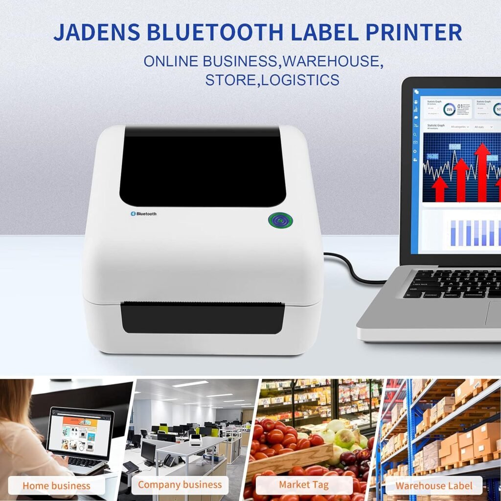 JADENS Thermal Shipping Label Printer for Shipping PackagesPostage, Bluetooth, Wireless Printer for iPhone, AndroidPC, Compatible with Amazon, Ebay, USPS, 4x6 Label Maker Machine