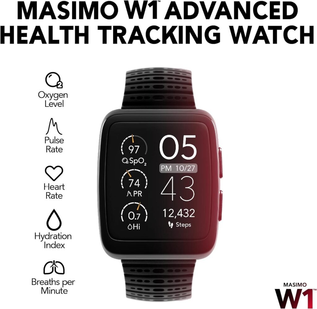 Masimo W1 Advanced Fitness Tracker Smartwatch, Continuous Activity and Fitness Trackers - Heart Rate, Oxygen Level (SpO2), Step Count, Hydration Index, Sleep and More, Android/iOS Fitness Watch