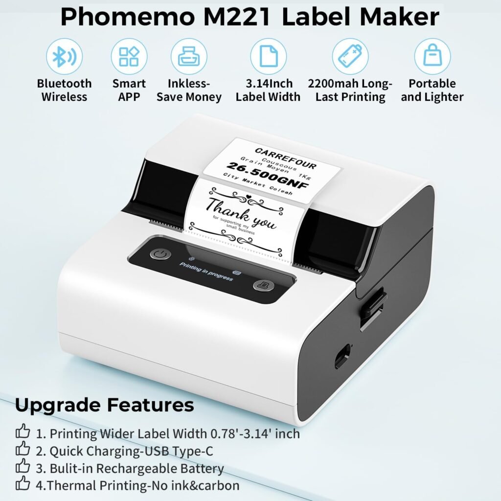 Phomemo Label Maker, Pink M221 Upgrade Barcode Label Maker, Portable Bluetooth Thermal Inkless Label Printer for Phomemo Labels, Small Business, Clothing, Address, Mailing, Support Phone PC