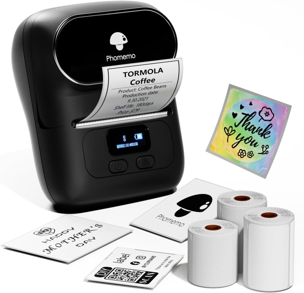 Phomemo M110 Label Makers - Barcode Label Printer Bluetooth Portable Thermal Printer for Small Business, Address, Logo, Clothing, Mailing, Sticker Printer for Phones  PC, Black